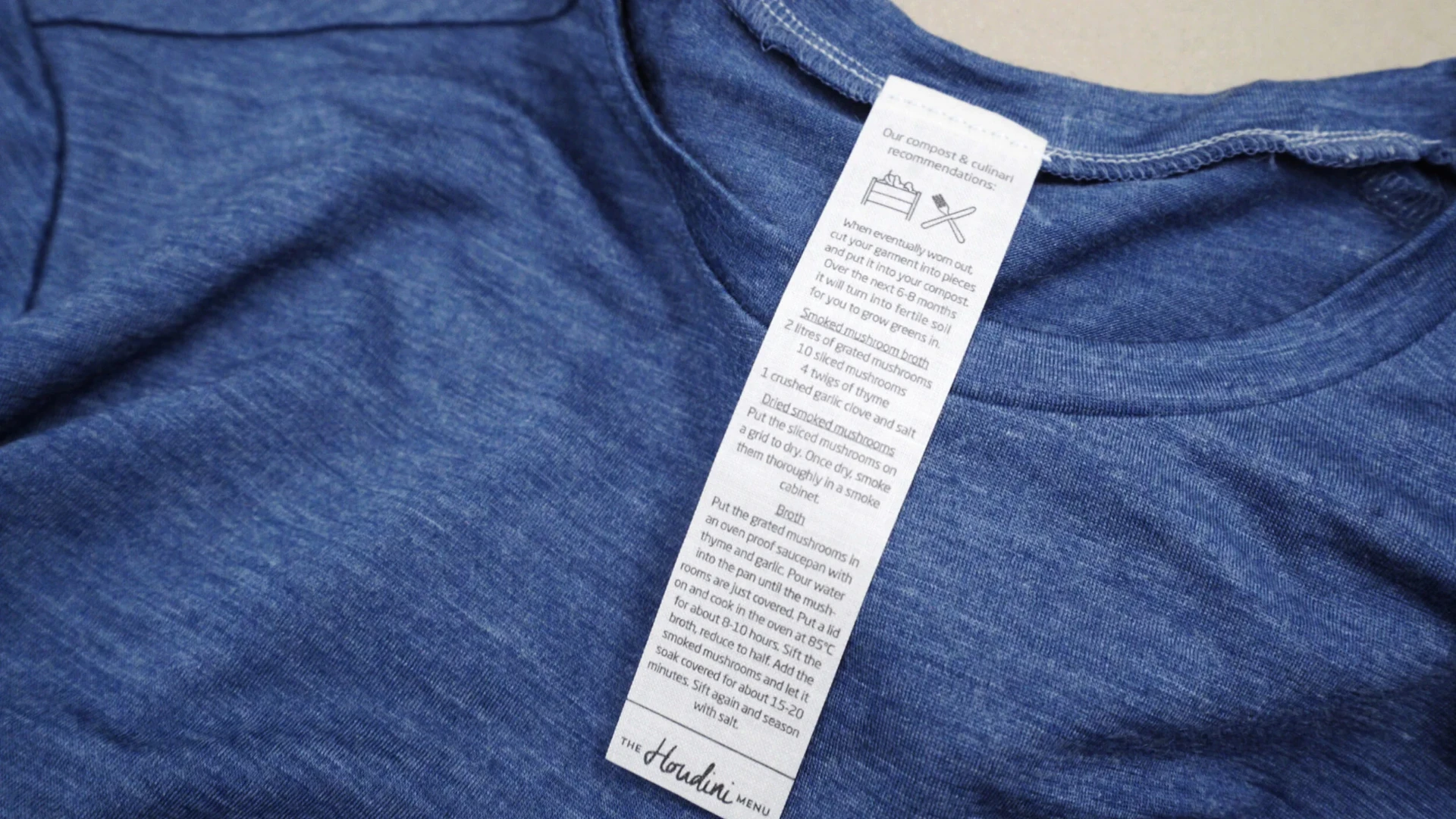 Houdini shirt with a recipe printed on its care label
